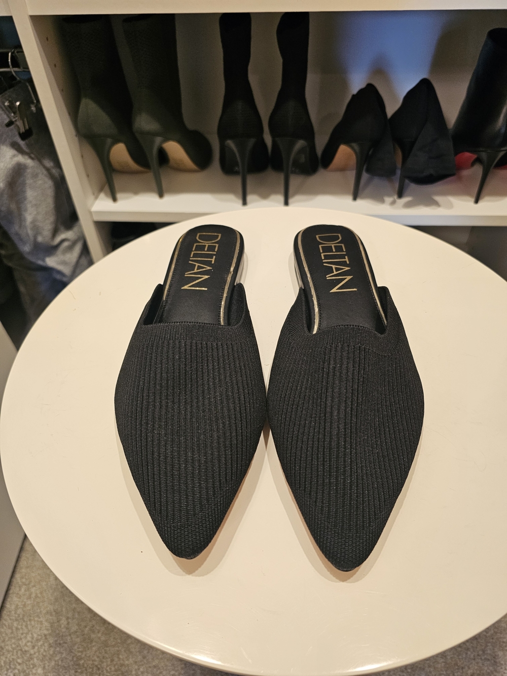 Deltan Black Knit Pointed Slip-On Mules for Women
